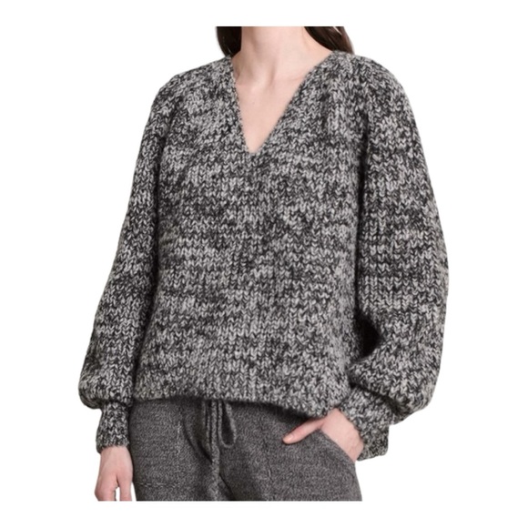 Eleven Six Tess Alpaca Sweater Salt & Pepper V-Neck Blouson Sleeve Rib Knit M/L - Picture 1 of 8